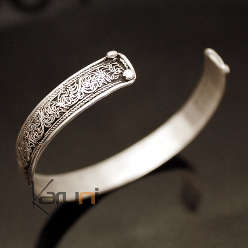 Bracelet Jonc en Laiton Argenté Homme/Femme Nepal 03 Plat Filigranes 1 cm