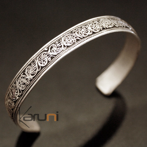 Bracelet Jonc en Laiton Argenté Homme/Femme Nepal 03 Plat Filigranes 1 cm
