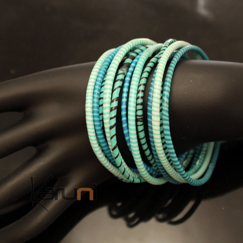 Bijoux Ethniques Africains Bracelets JOKKO en Plastique Recyclé Homme Femme Enfant 02 Bleu Vert Turquoise Mix (x12) c