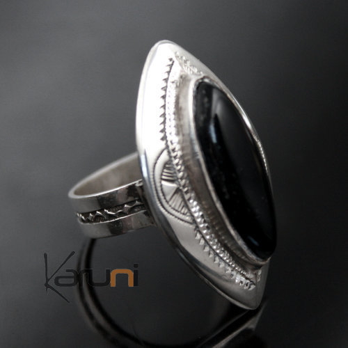 Bague en Argent et Onyx Noir 05 Navette Longue