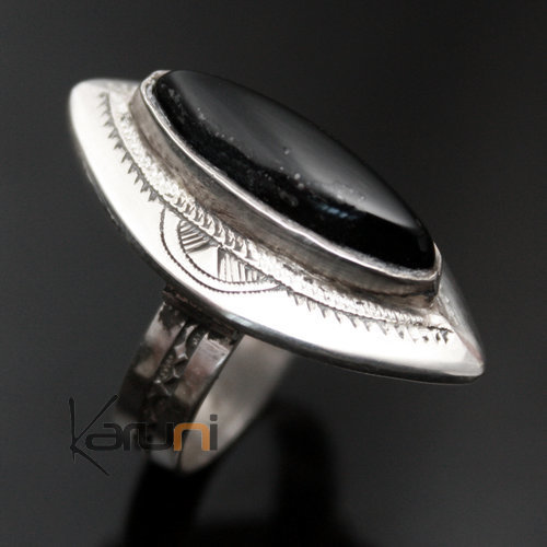 Bague en Argent et Onyx Noir 05 Navette Longue