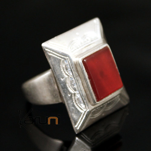 Bijoux Touareg Ethniques Bague en Argent et Agate Rouge 28 Grand Rectangle b
