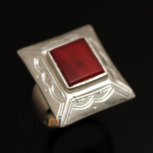 Bijoux Touareg Ethniques Bague en Argent et Agate Rouge 28 Grand Rectangle