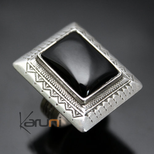 Bijoux Touareg Ethniques Bague Argent Rectangle Onyx Noir 02 - KARUNI