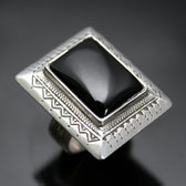Bijoux Touareg Ethniques Bague Argent Rectangle Onyx Noir 02 - KARUNI