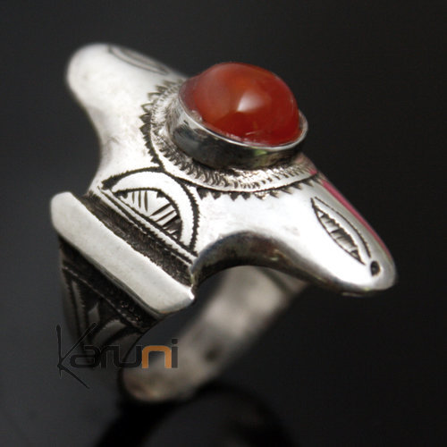 Bague en Argent et Agate Rouge 05 Navette Croix