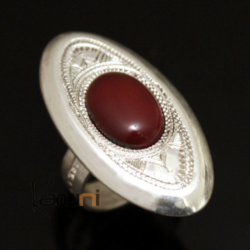 Bijoux Touareg Ethniques Bague en Argent et Agate Rouge 06 Ovale Gravé