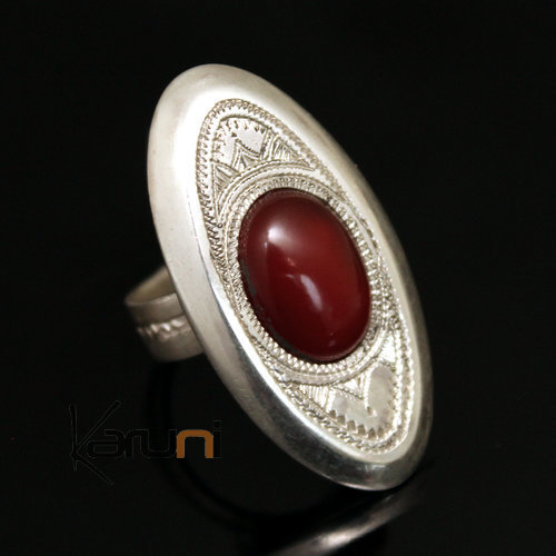 Bijoux Touareg Ethniques Bague en Argent et Agate Rouge 06 Ovale Gravé