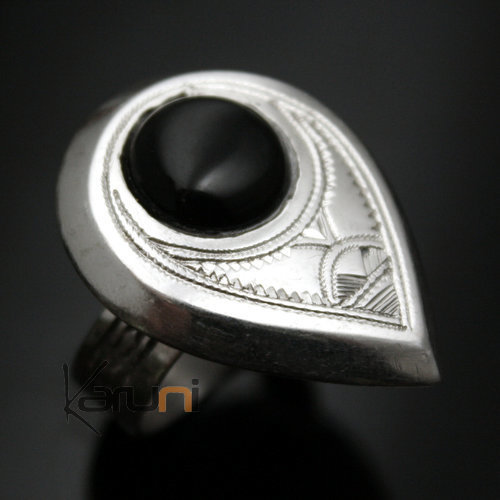 Bijoux Touareg Ethniques Bague en Argent et Onyx Noir 30 Goutte
