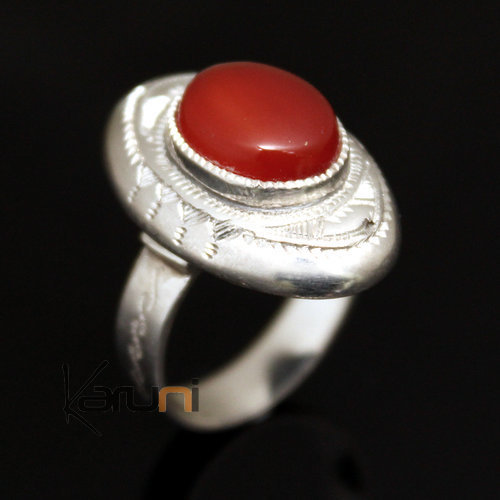 Bague en Argent et Agate Rouge 29 Ovale Gravé