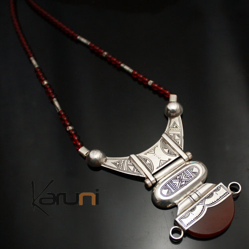 Bijoux Touareg Ethniques Collier en Argent et Agate Rouge 02 - KARUNI