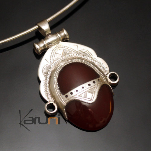 Bijoux Touareg Ethniques Africains Collier Pendentif en Argent et Pierre Agate Rouge 16 Ovale Tte de Desse