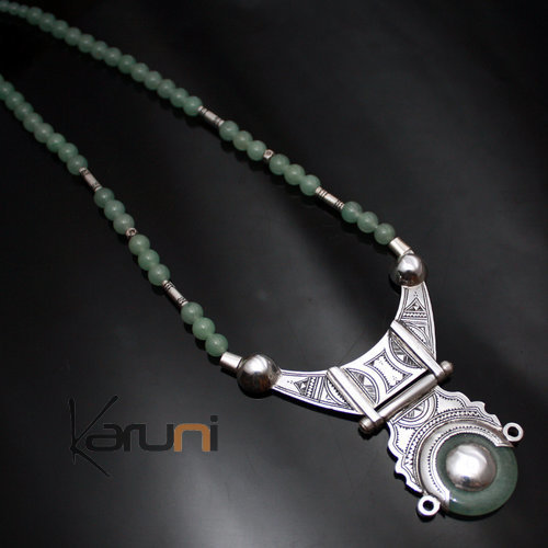 Bijoux Touareg Ethniques Collier Pendentif en Argent et Jade 02 - KARUNI 