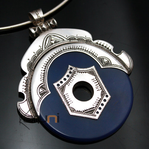 Bijoux Touareg Ethniques Collier Pendentif en Argent et Agate Bleue - KARUNI