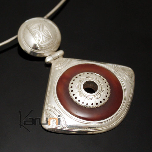 Bijoux Touareg Ethniques Africains Collier Pendentif en Argent et Pierre Agate Rouge 11 Eventail