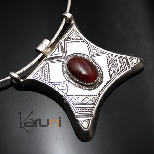 Collier Pendentif en Argent et Pierre Agate Rouge 34 Carré