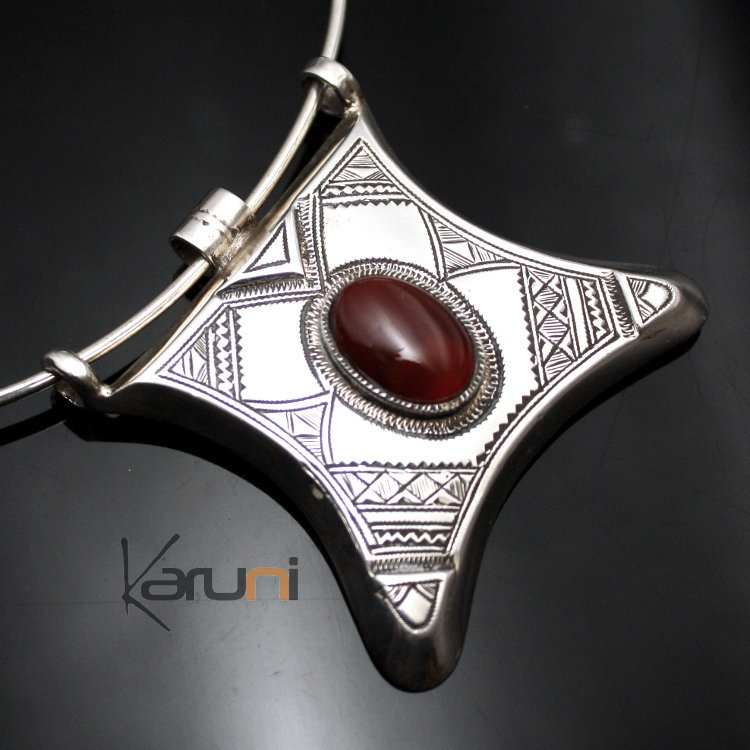 Collier Ethnique Africain Ancien - Argent Et Pierres Rouges (corail) - Occasion TB