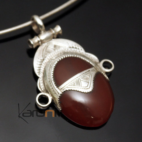 Collier Pendentif en Argent et Pierre Agate Rouge 09 Ovale Petite Tête de Déesse