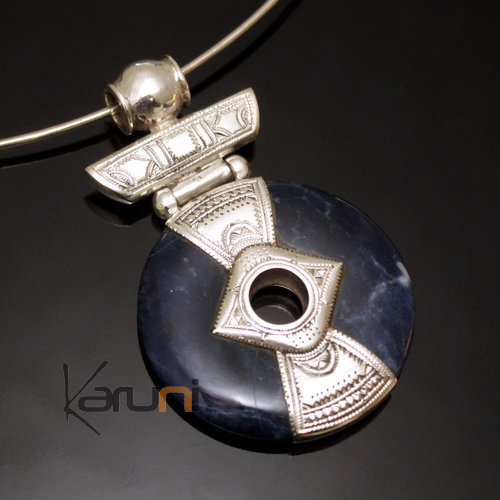 Collier Pendentif en Argent et Pierre Howlite Bleu 01 Rond