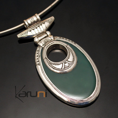 Collier Pendentif en Argent et Pierre Agate Verte 03 Grande Goutte