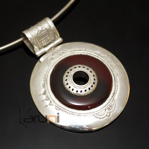 Collier Pendentif en Argent et Pierre Agate Rouge 23 Rond