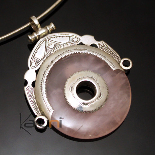 Bijoux Touareg Ethniques Africains Collier Pendentif en Argent et Pierre Quartz Rose 02 Rond Tte de Desse