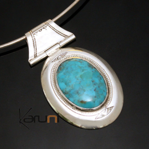 Collier Pendentif en Argent et Pierre Turquoise 01 Ovale