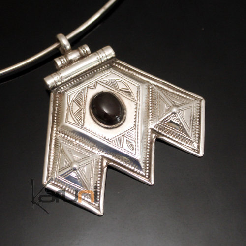 Bijoux Touareg Ethniques Africains Collier Pendentif en Argent et Pierre Onyx Noir 18 Grand Houmassa Losanges