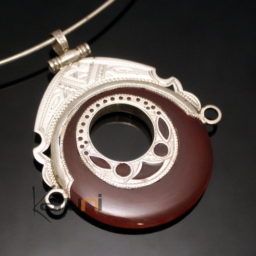 Bijoux Touareg Ethniques Africains Collier Pendentif en Argent et Pierre Agate Rouge 06 Rond Tte de Desse