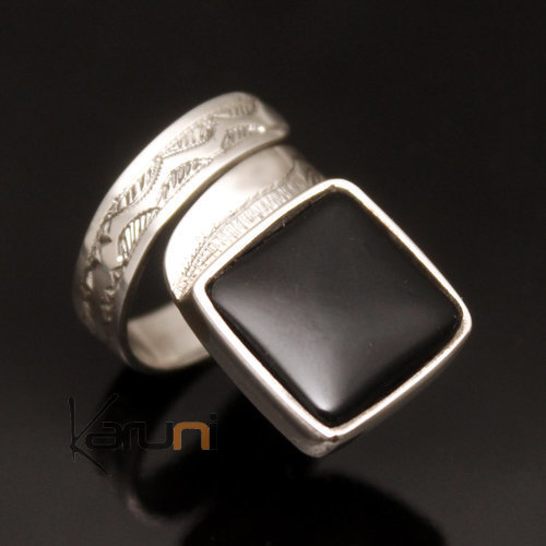 Bague en Argent et Onyx Noir 50 Carré Réglable