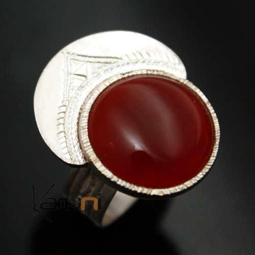 Bague en Argent et Agate Rouge 33 Ronde Couronne