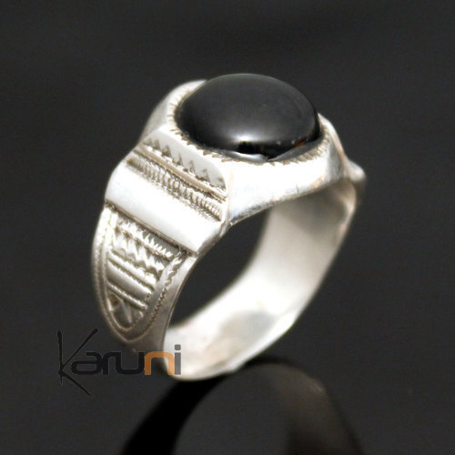 Bijoux Touareg Ethniques Bague en Argent et Pierre 31 Chevalire Ronde Onyx Noir c