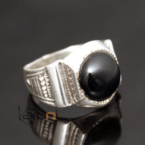 Bijoux Touareg Ethniques Bague en Argent et Pierre 31 Chevalire Ronde Onyx Noir