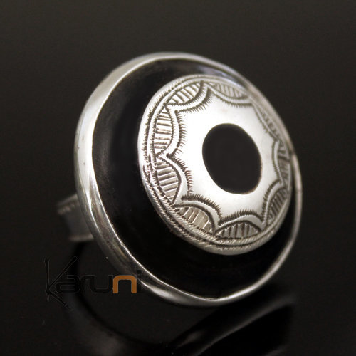 Bague en Argent 925 et ébène 034 Homme/Femme Grand Rond Gravé Fleur