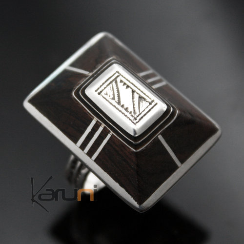 Bague en Argent 925 et ébène 035 Homme/Femme Rectangle Pyramide