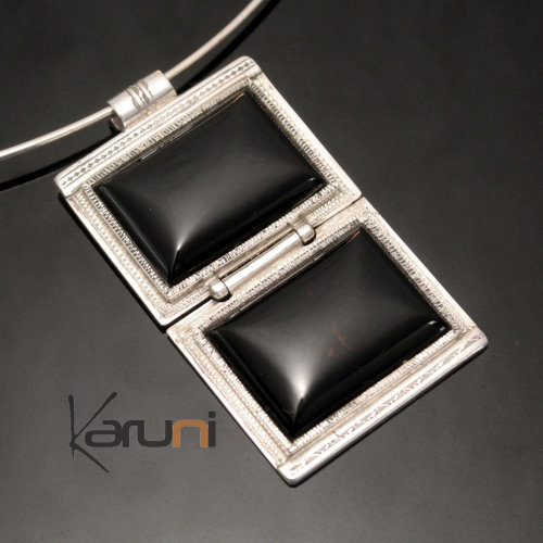 Bijoux Touareg Ethniques Africains Collier Pendentif en Argent et Pierre Onyx Noir 17 Double Rectangle