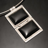 Bijoux Touareg Ethniques Africains Collier Pendentif en Argent et Pierre Onyx Noir 17 Double Rectangle