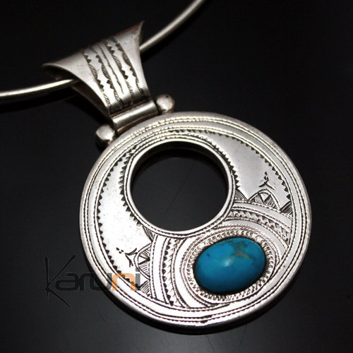 Collier Pendentif en Argent et Pierre Howlite Turquoise 10 Rond