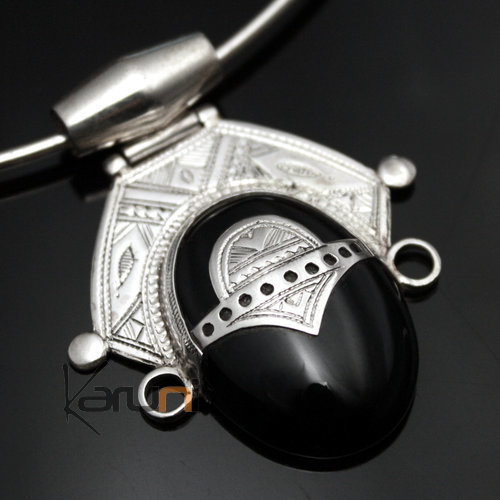 Pendentif en Argent et Pierre Onyx Noir 31 Ovale Princesse du Désert