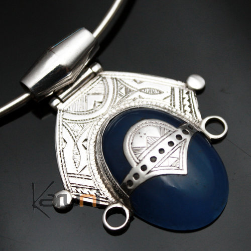 Collier Pendentif en Argent et Pierre Agate Bleue 04 Ovale Princesse du Désert