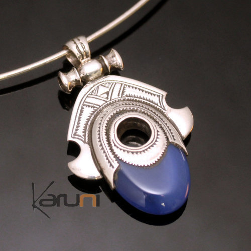 Collier Pendentif en Argent et Pierre Agate Bleue 02 Ovale Tête de déesse