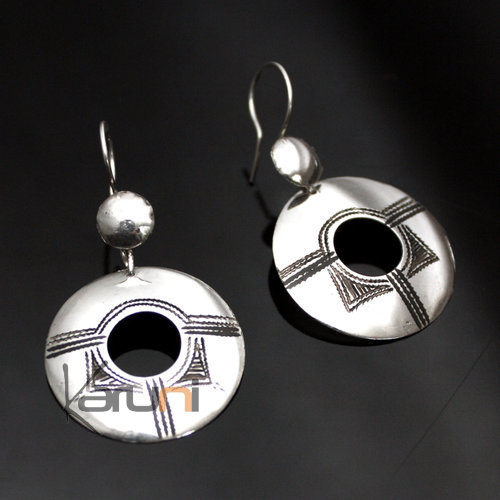 Bijoux Ethniques Touareg Boucles d'Oreilles en Argent Rond Creux Gravé 05