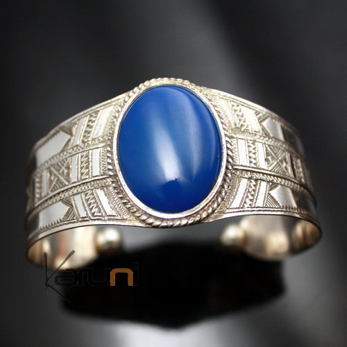 Bracelet en Argent et Agate ovale bleue Large gravé - KARUNI