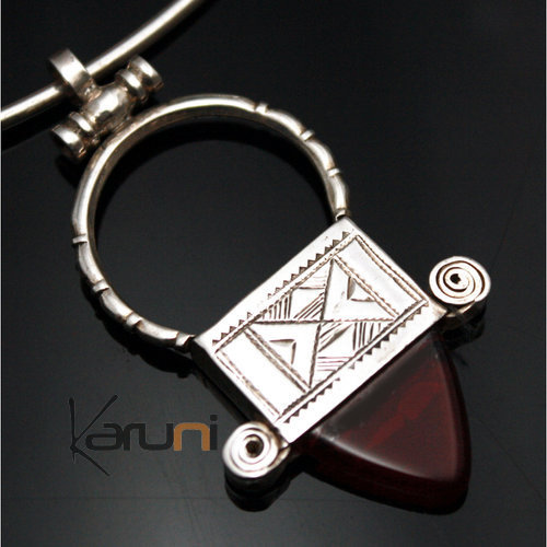 Bijoux Touareg Ethniques Pendentif en Argent Agate Rouge Petite Croix d'Ingall 01 - KARUNI