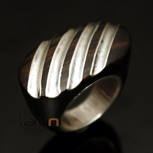 Bijoux Touareg Ethniques Bague Argent en Bois Ebène Ovale Rayé 01 - KARUNI