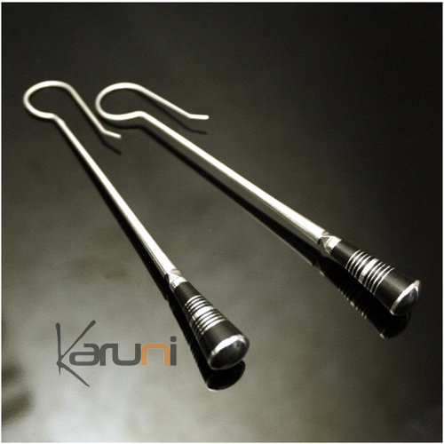Bijoux Touareg Ethniques Boucles d'Oreilles en Argent et Ebne Massues 09 Rondes Sombres Graves