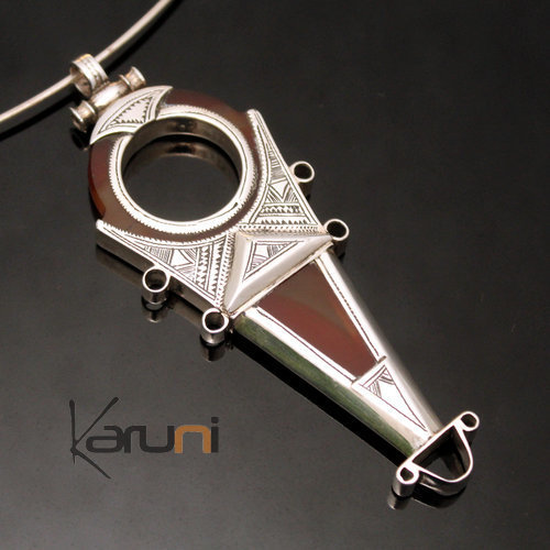 Bijoux Touareg Ethniques Africains Collier Pendentif en Argent et Pierre Agate Rouge 25 Amulette Talhakimt