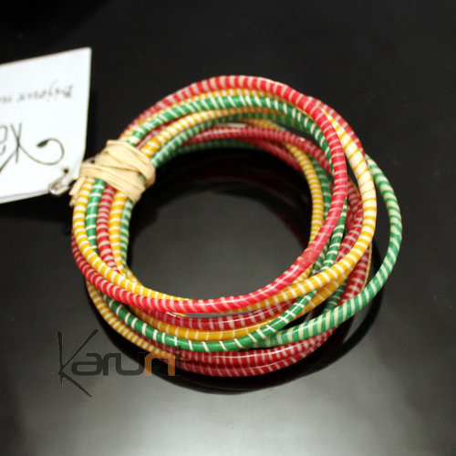 Bijoux Ethniques Africains Bracelets JOKKO en Plastique Recyclé Homme Femme Enfant 16 Vert/Jaune/Rouge (x12)