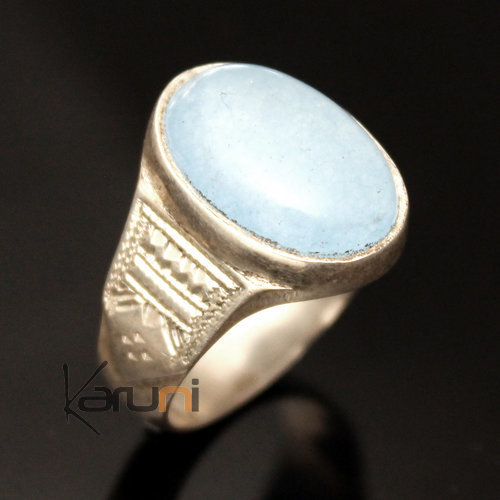 Bague en Argent et Agate Bleue 03 Chevalière Ovale