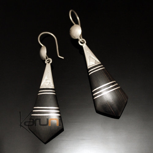 Bijoux Ethniques Touareg Boucles d'Oreilles en Argent et Ebne 11 Losange Long Lignes